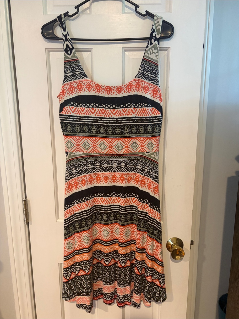 LOFT Sumner Dress Striped Geometric Midi - Coral, Black and white